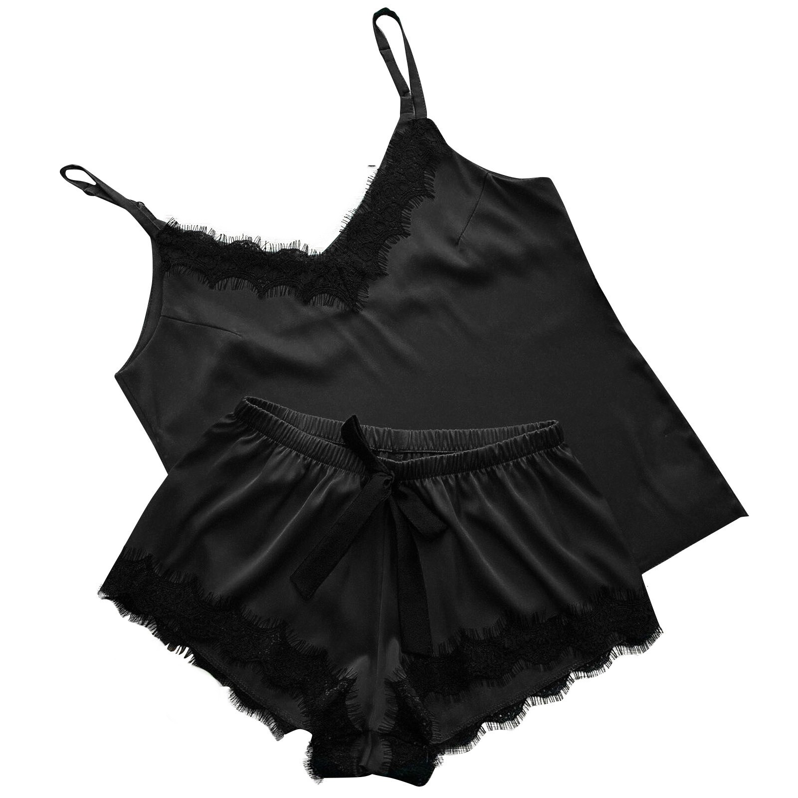 2025 fashion New designer sexy women s plus size satin lace V neck vest bow shorts set pajamas Pamas gerie