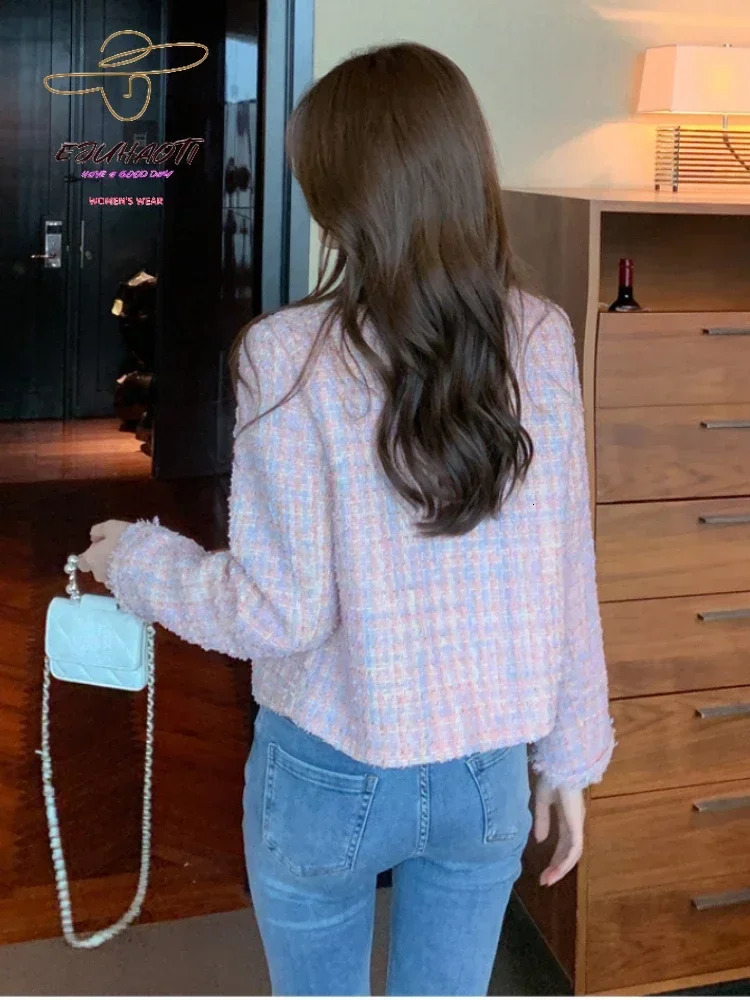 Womens jacket Spring pink tweed small perfume coat Korean fashion senior sensory temperature elegant top 241023