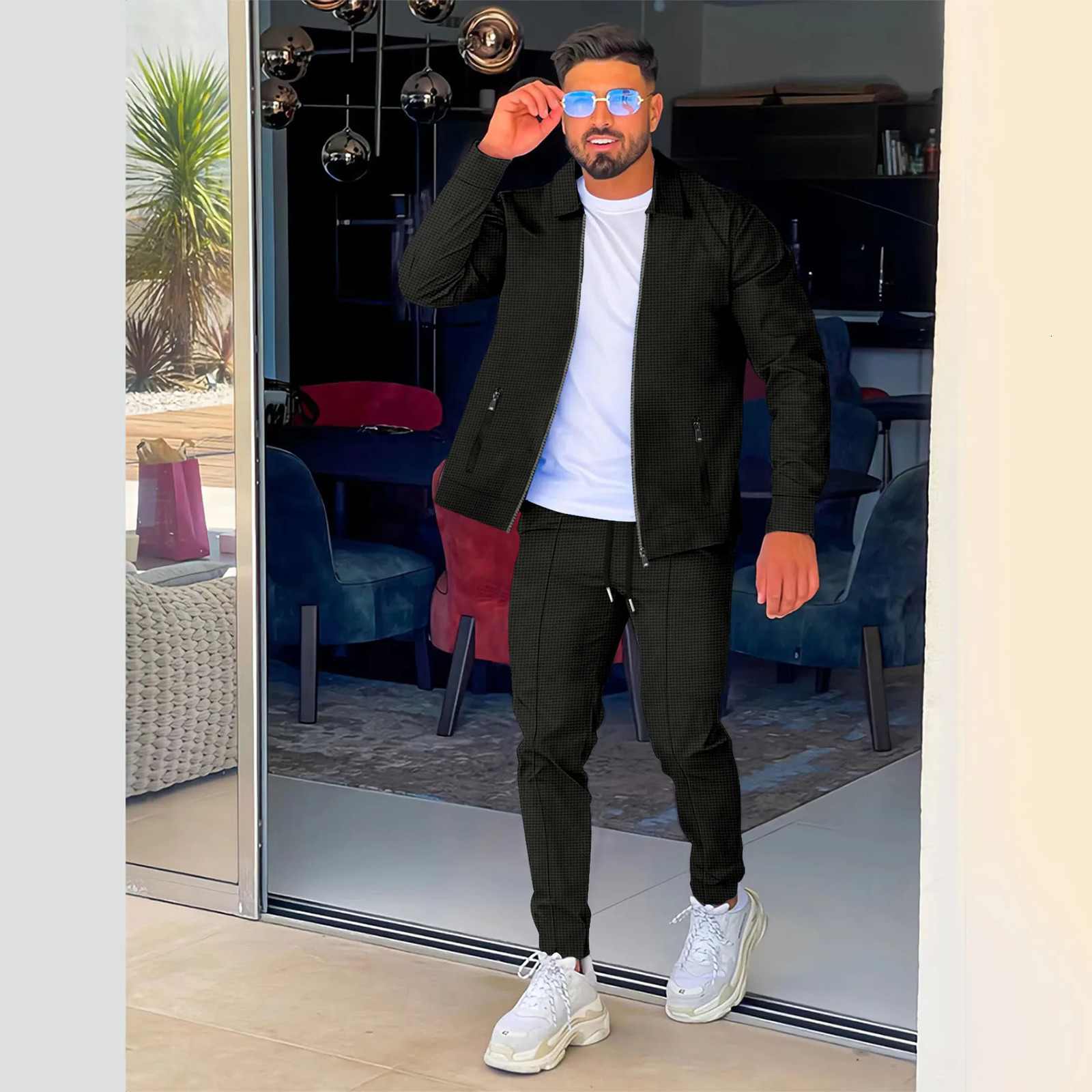 mens spring and autumn casual sportswear zipper jacket and pants two-piece set mens clothing free delivery 241023