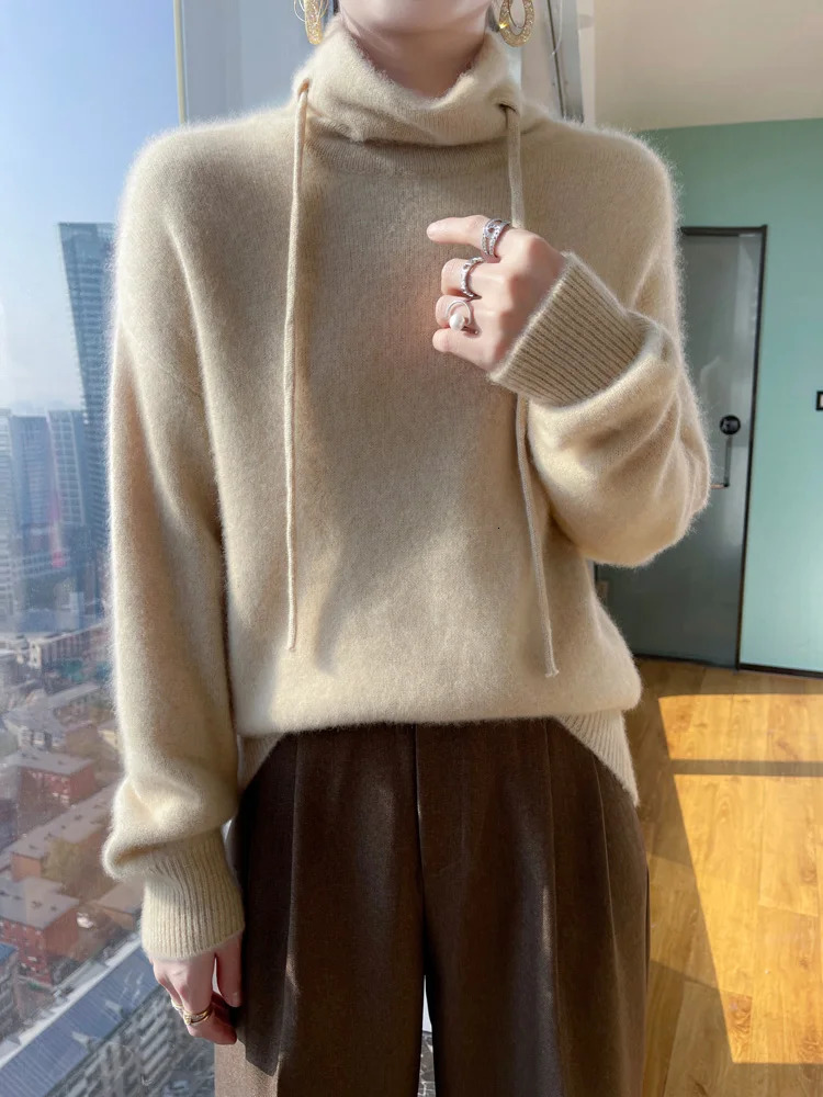 Merino Wool Sweater Autumn Winter Womens High Neck Long Sleeve Cashmere Knit Pullover Solid Color Versatile Basic Top Jumper 241021