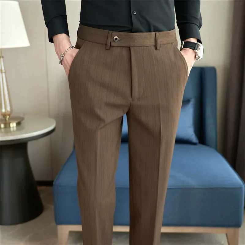 Men Stripe Suit Pants 2024 Autumn New British Style Color-woven Textured Trousers Slim Fit Dress Pants Solid Casual Men ClothingX241023