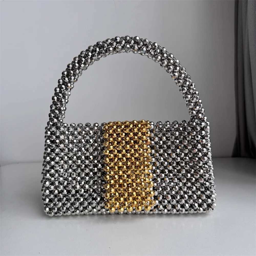 Handmade Beading Bag Ladies Silver Gold Plated Shoulder Handle Portable Handbag Flap Bucket Rocky Girl Y2k Clutches Acrylic 241023
