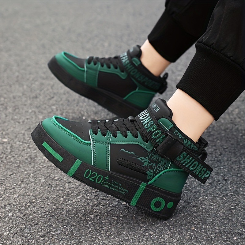 Men S High Top Fashionable Sports Shoes Casual Lace Up Solid Color PU Upper Breathable Lining Wear Resistant Rubber Outsole Comfortable Fabric Insole