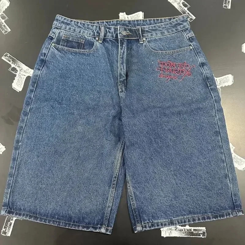 Y2K bagged shorts mens fashion letter denim shorts retro Harajuku hip-hop gothic punk gothic wide leg pants 241019