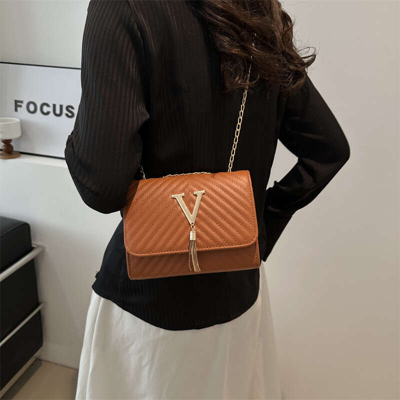 Tassel V-shaped shoulder women's 2024 new fashionable small square niche versatile chain diagonal cross bag