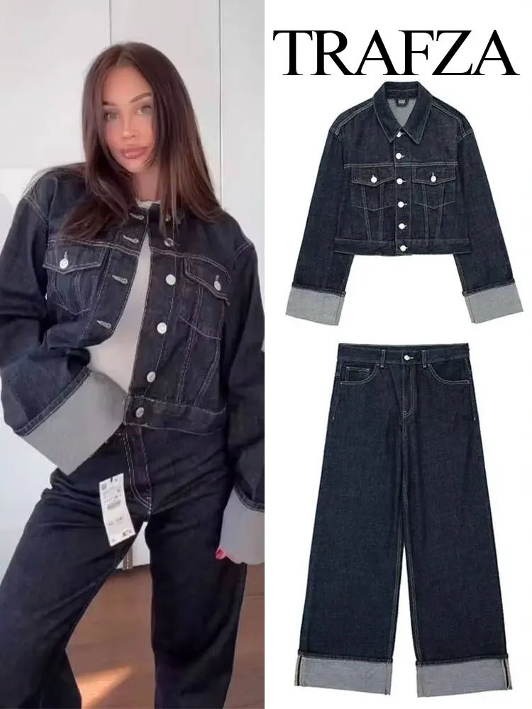 TRAFZA Womens Retro Splicing Single breasted Pocket Denim JacketHigh Waist Womens Zipper Wide Leg Pants 2-piece Set 241023