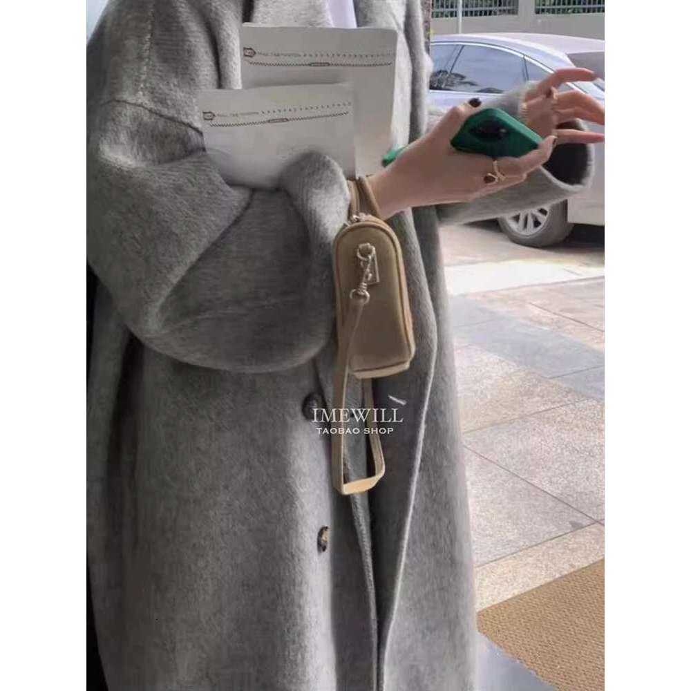 Rose Gray Double-Sided Cashmere New Winter Korean Comfort Rabbit Fashion Long Loose Wool Coat Women