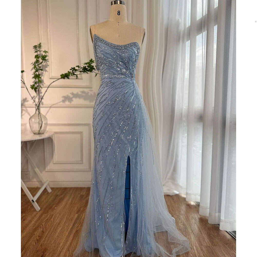 Serene Hill Yellow Mermaid Sexy High Split One Shoulder Beaded Evening Dresses Gowns For Woman Party 2024