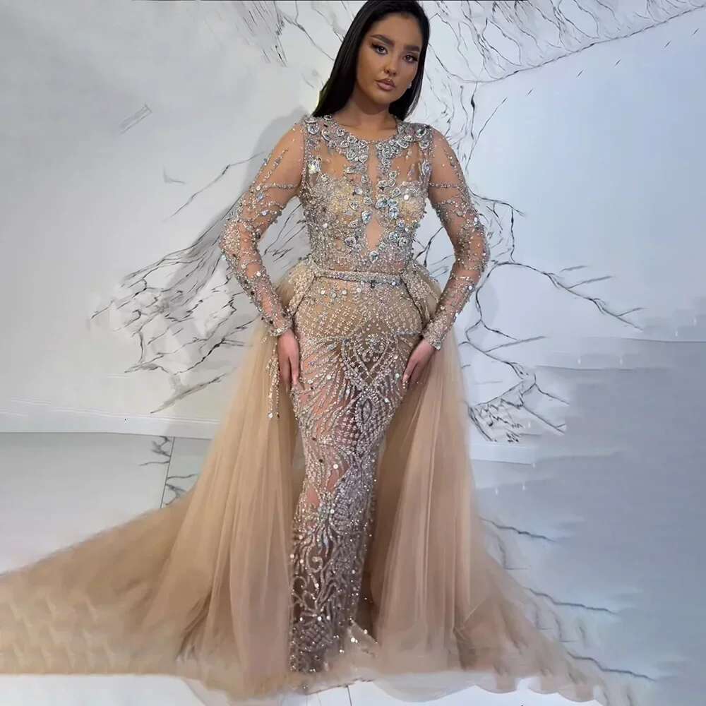 Muslim Serene Hill Sier Nude Mermaid Gown With Detachable Overskirt Beaded Evening Dress For Women Party 2024