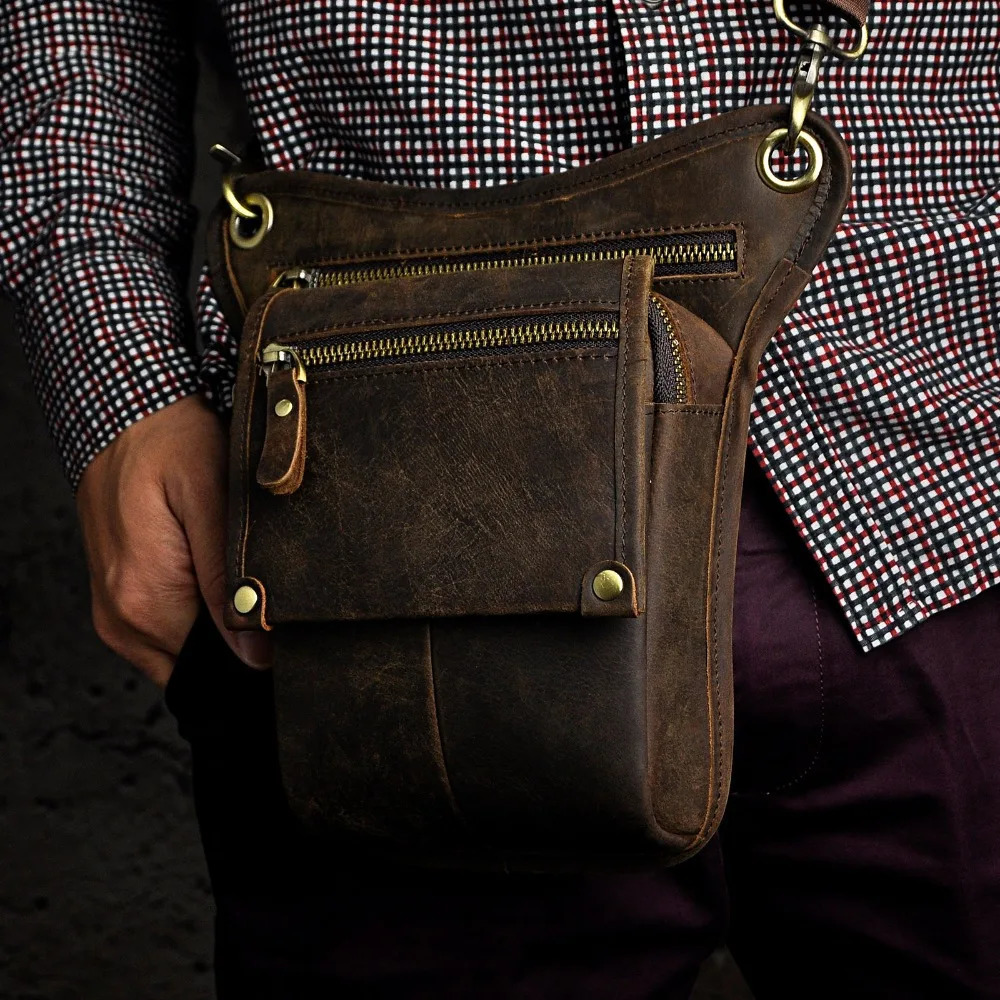 Crazy Horse Leather Mens Classic Messenger Strap Bag Multi functional Fashion Travel Belt Bag Leg Hanging Bag 211-4 241023