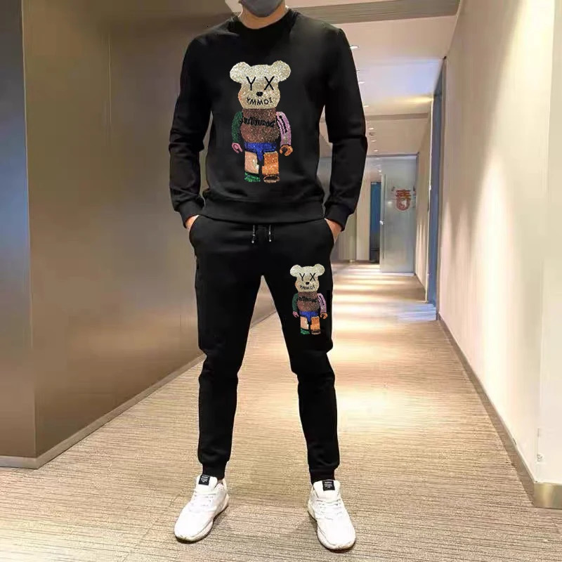 Mens set diamond hooded sweatshirtpants two-piece casual track and field wear mens sportswear clothing sweater set Rheinstone 241023