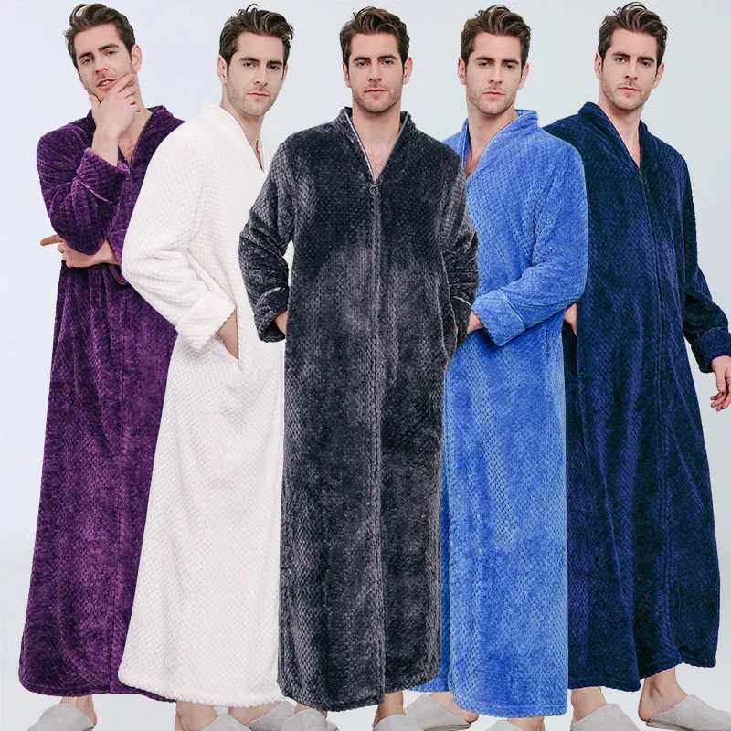 Autumn and Winter New Thick Zipper Night Light Flannel Couple Evening Dress with Length and Fat Mens Warm Pajamas W241023