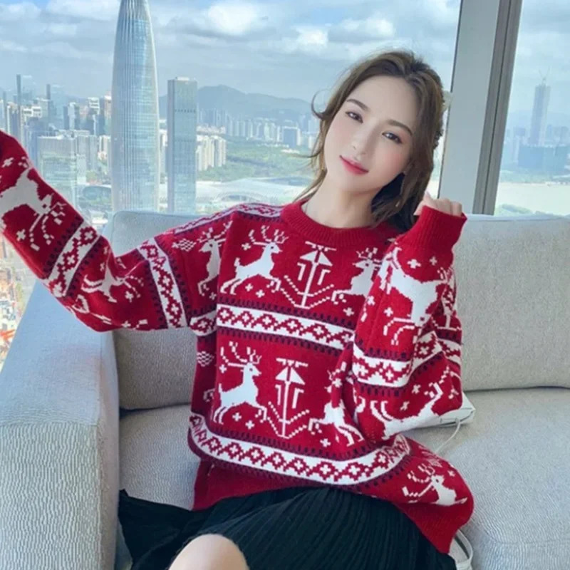 Autumn Winter Loose Oneck Casual Thick Red Christmas Sweaters Womens Vintage Elk Soft Wool Warm Knitted Pullover 241021