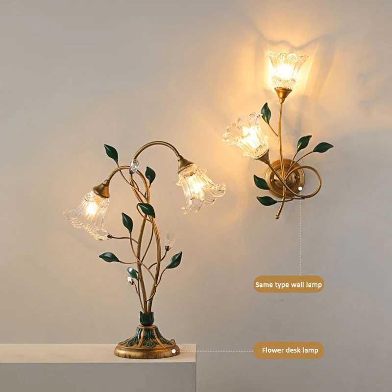 French Romantic Flower Desktop E14 Decorative Lamp Family Living Room Bedside Table Glass Copper Green Leaf LED Desk Lamp X2410211