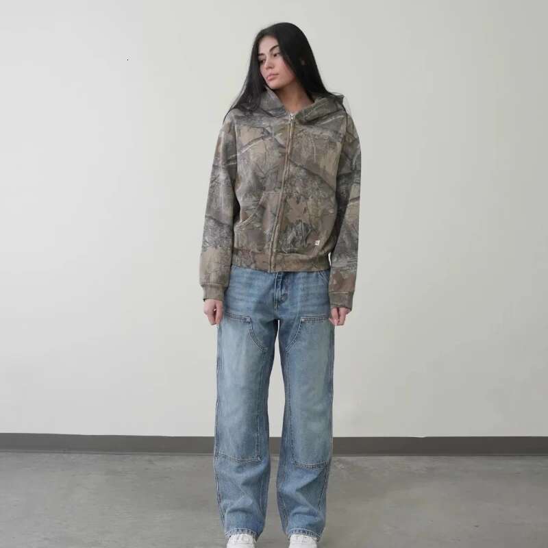 High end retro American do old camouflage zip up hooded jacket men and women spring fall workwear Y K sweatshirt streetwear wo