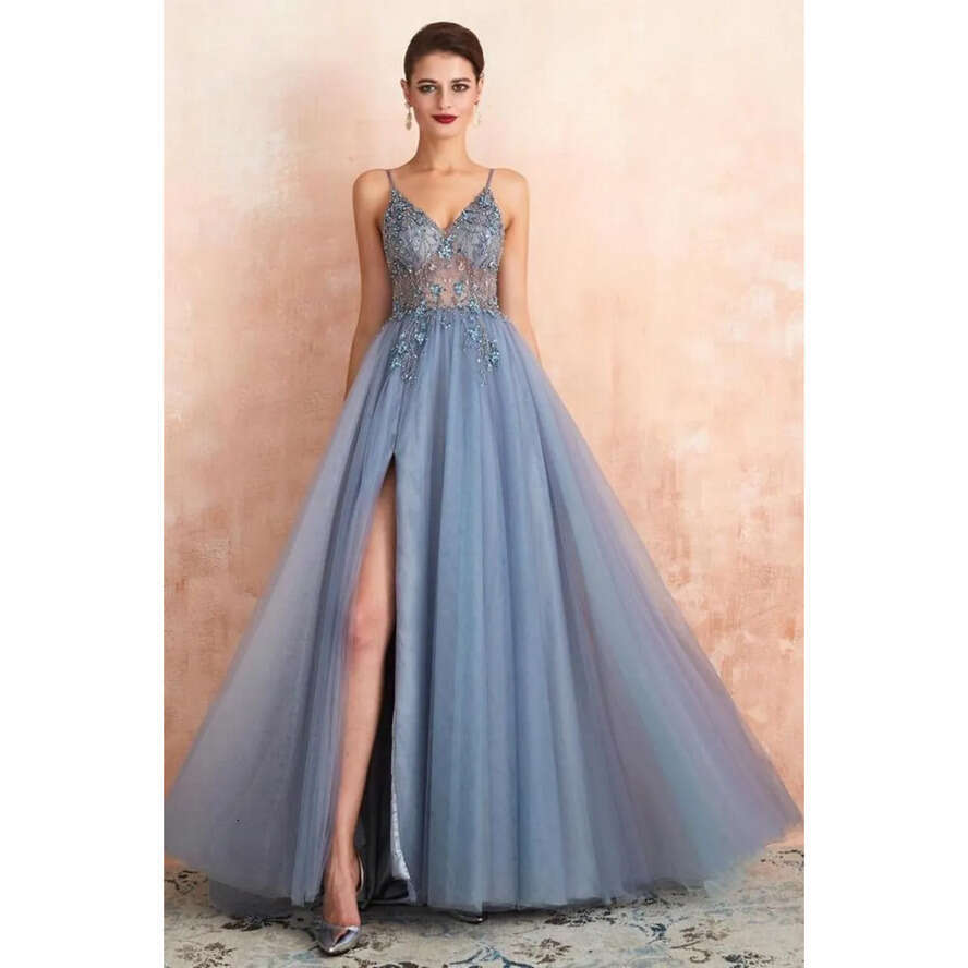 A E Tulle Modern Prom Dresses Sexy Spaghetti Straps Front Slit Long Evening Party Gowns Open Back Bridesmaids Wears Bc18028 vening
