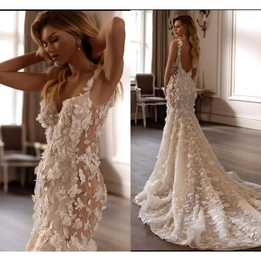 Lace Amazing 3D Wers Mermaid Wedding Dresses Sexy Open Back Spaghetti Straps Sweep Train Bridal Gowns For Western Garden Church Robes De Mariage Bc188
