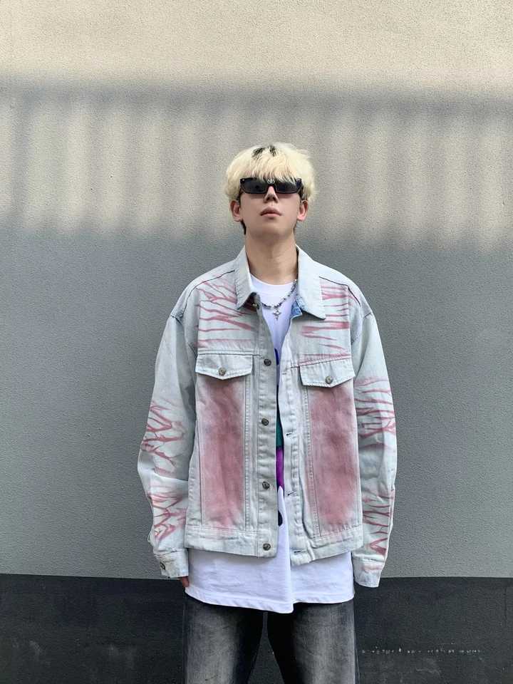 Y2K vintage denim jacket high stripes fashionable embroidered collar motorcycle jacket loose casual mens clothing X241023