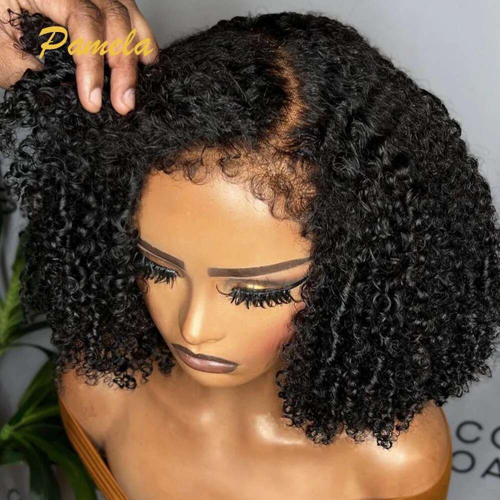 4C Kinky Edges Natural Haire Glueless Human Ready To Go Curly Bob 13x4 Transparent Lace Front Wig With Bady Hair