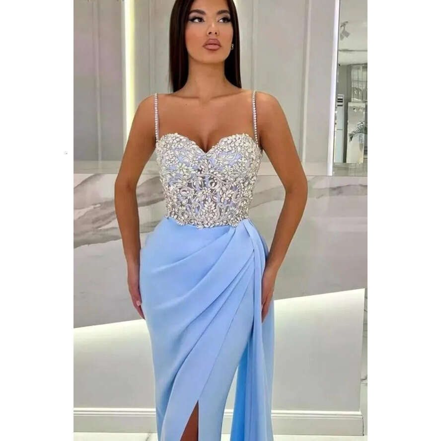 Black Split Light Stunning Evening Dresses Sexy Mermaid Spaghetti Straps Beads Appliques Women Ocn Party Vestidos Prom Gowns Arabic Bc18843