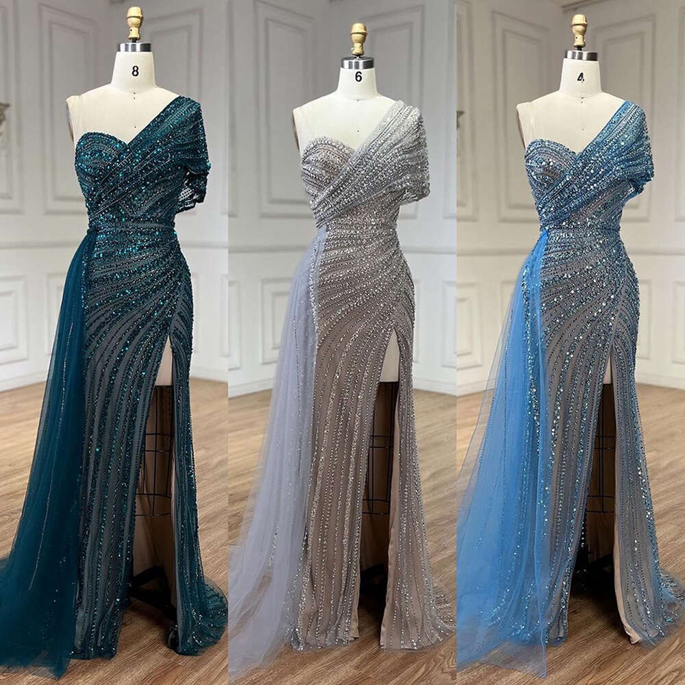 Serene Hill Green Mermaid High Split One Shoulder Beaded Evening Dresses Gowns for Women Party 2024