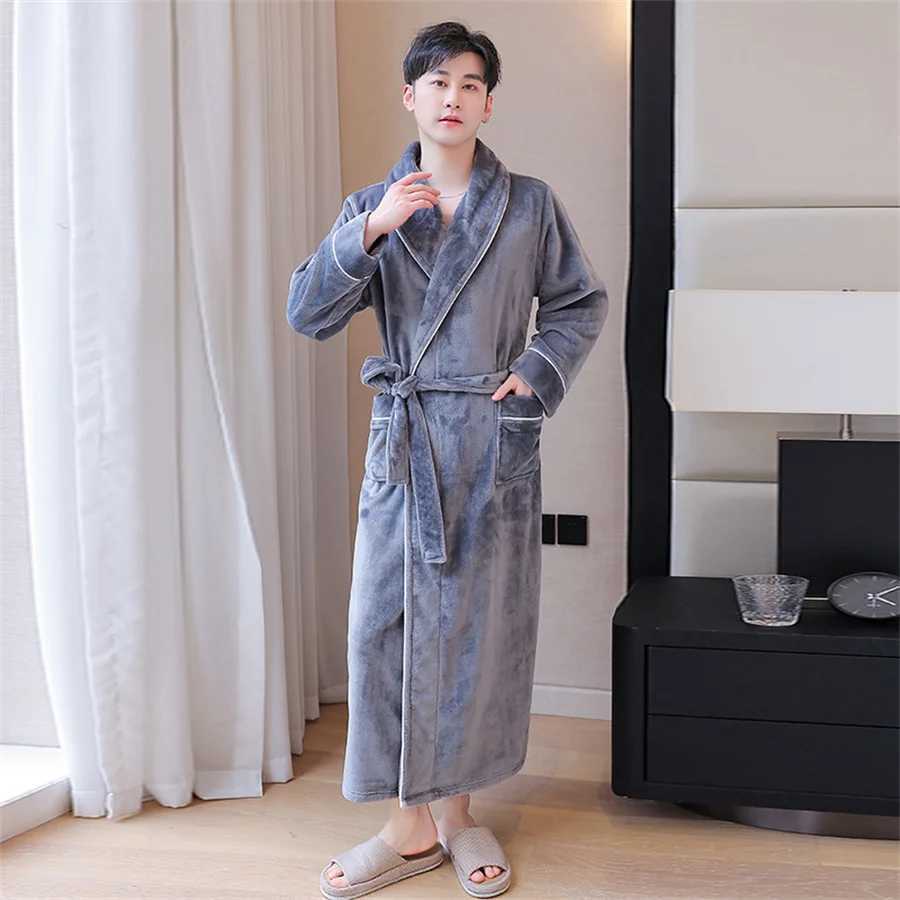 Mens Winter Thick Flannel Robe V-neck Warm Bathtub with Belt Mens Fluffy Shower Dress Mens Spwear Home Clothes W241023