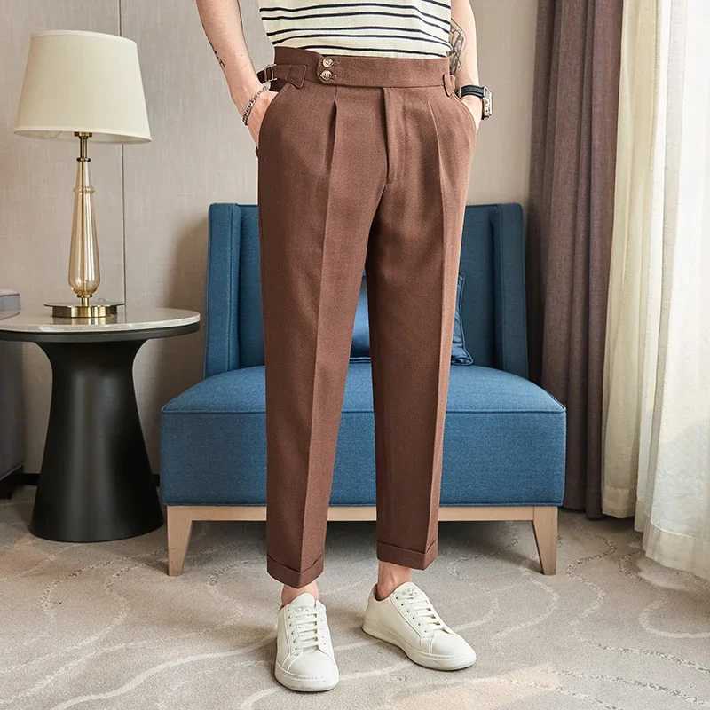 British Style Naples Mens High-end Linen Pants High Waist Straight Slim Fit Casual Trousers High Quality Solid Social Suit PantX241023