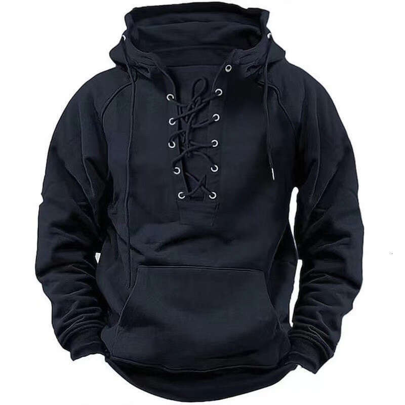 Fashion Autumn Mens Hooded Sweatshirts Lace up Drawstring Long Sleeve Loose Hoodies Men Streetwear Vintage Solid Color