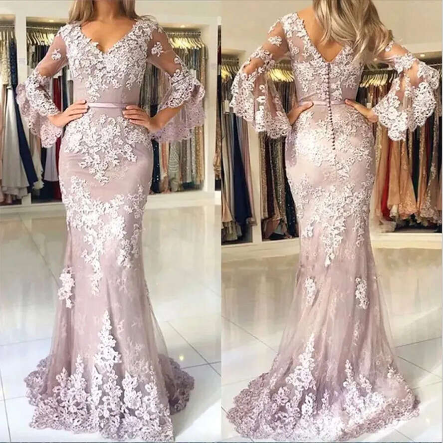 Lace Elegant Mother Mermaid Of The Bride Dresses V Neck Long Sleeves Wedding Guest Dress Or Length Appliqued Evening Gowns Bc18789