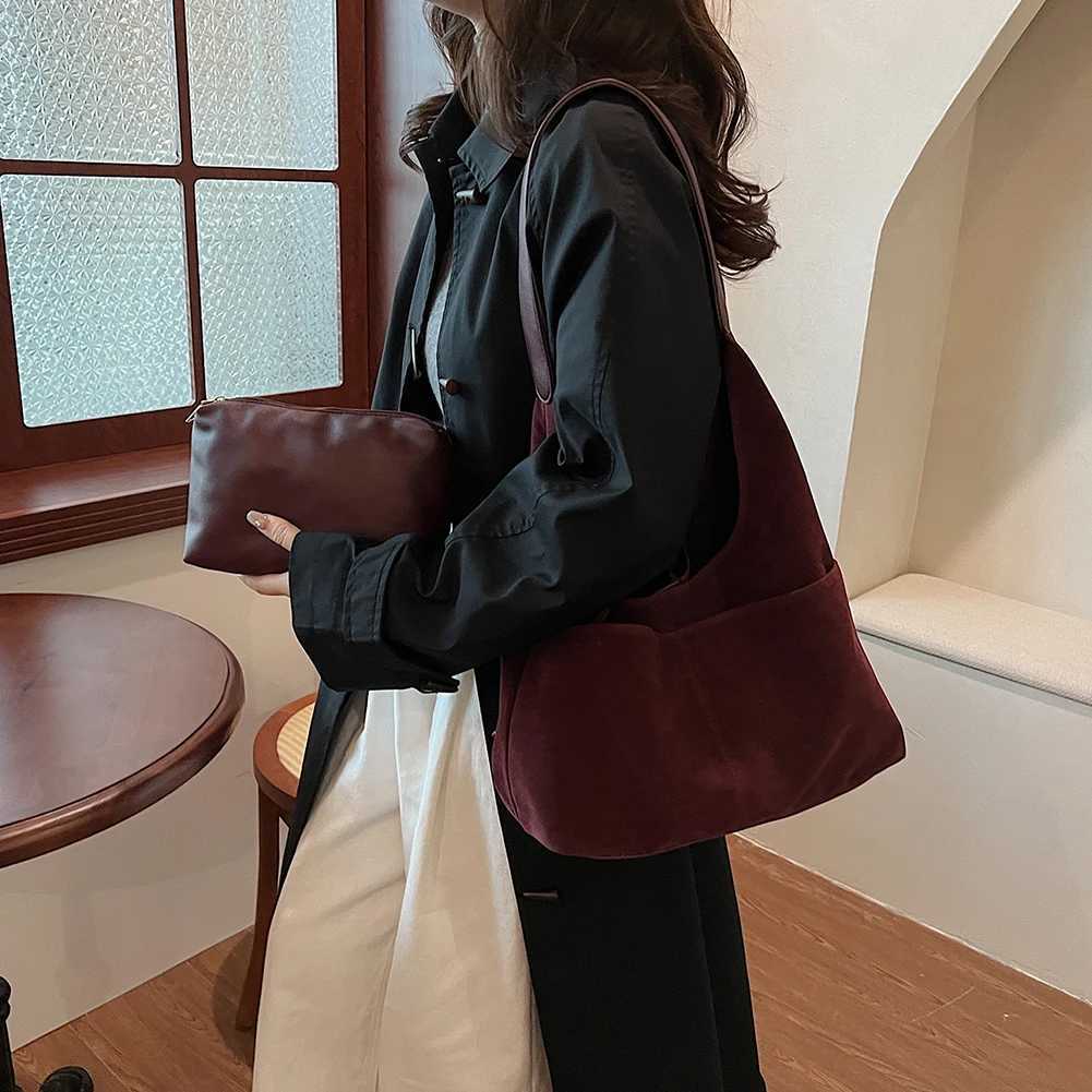 2 Pcs Women Suede Slouchy Hobo Bag with Multi Pocket Large Tote Magnetic Closure Solid Retro Handbag for Travel Work 241023