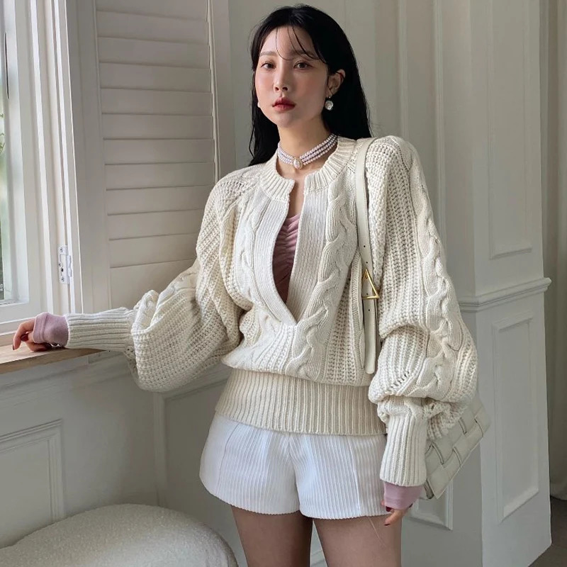 Rimocy Korean Fashion Deep V Neck Knit Sweater Women Twist Balloon Sleeve Sweaters Woman Solid Color Loose Chic Pullover Female 241021