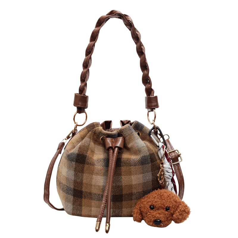 2024 bags designer women free shipping Fashionable woolen drawstring bag versatile commuting retro NEW hot plaid water bucket