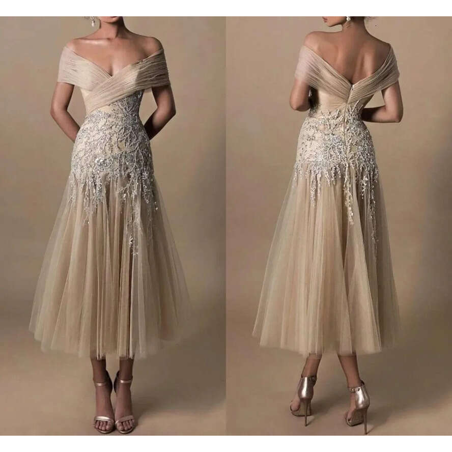 Champagne Tea Length Modest Mothe Dresses Elegant Off Shoulder A E Backless Appliques Tulle Short Evening Prom Tail Gowns Plus Size Bc16952 ppliques v
