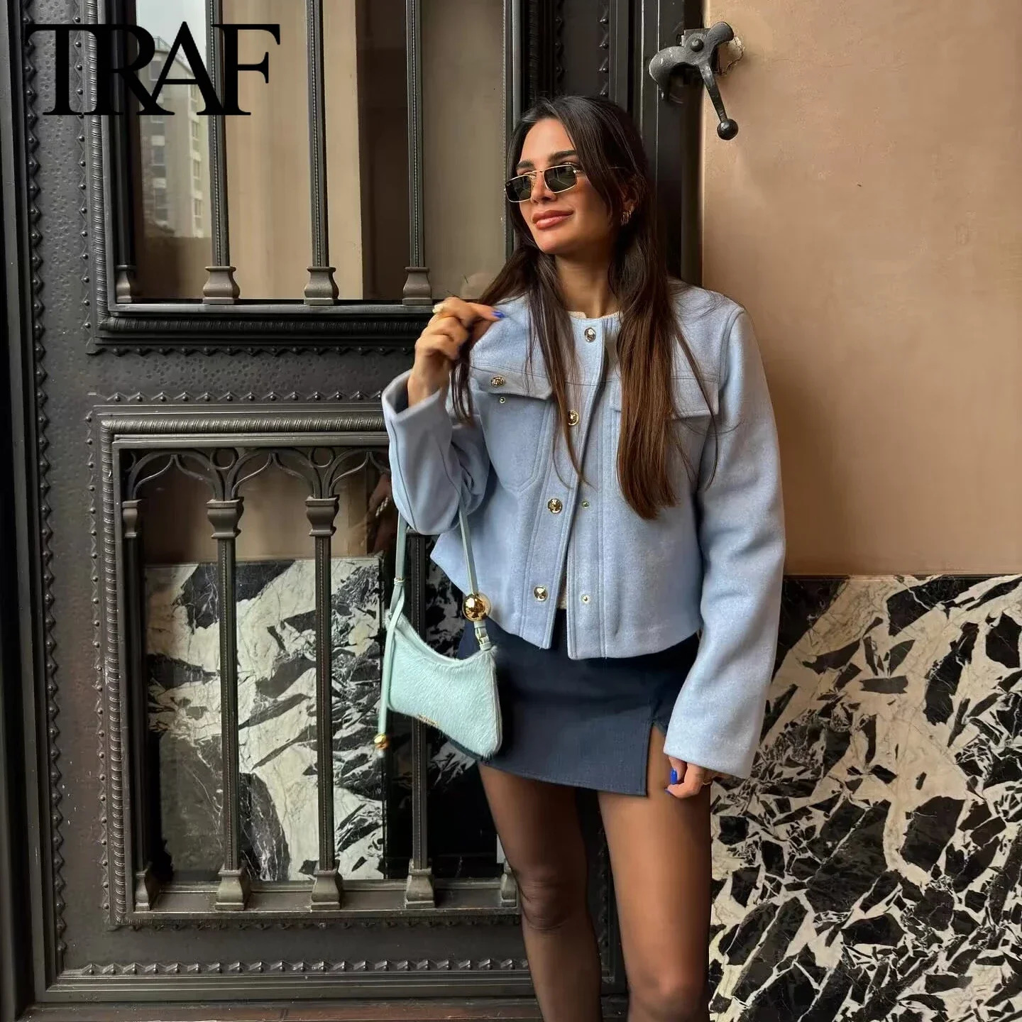 TRAF Womens Fashion Spring Collection Flip Pocket Single Chest Crewneck Jacket Coarse Floral Short Coat Fashion Womens Top Unprinted Good Product 2410