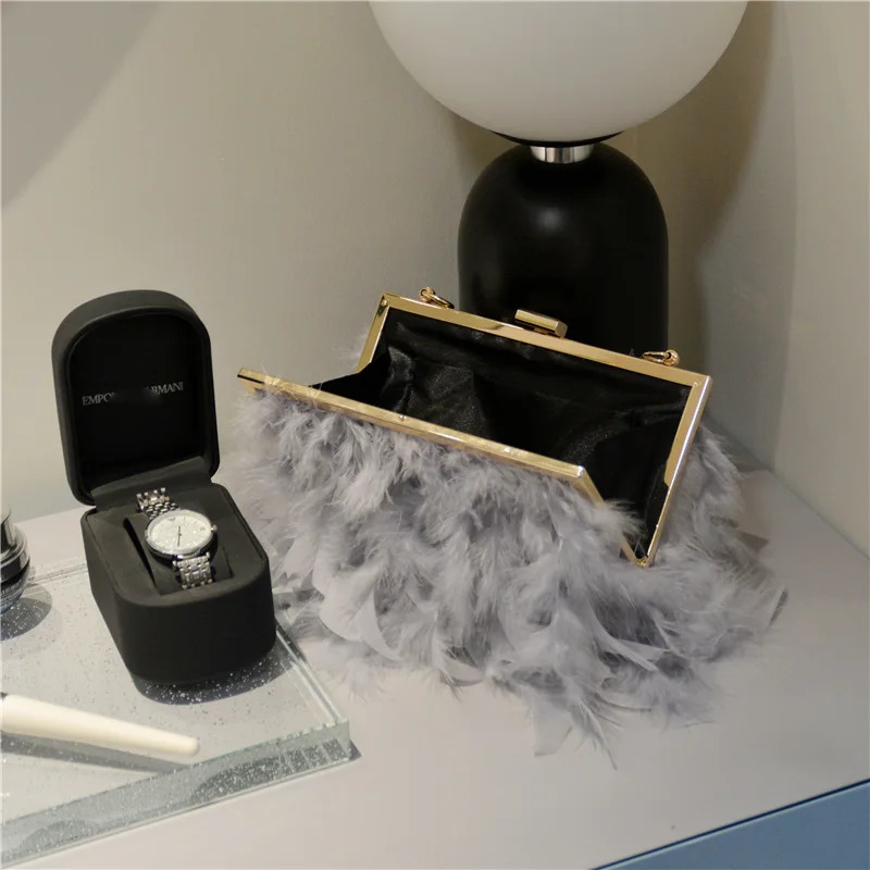 Womens Feather Evening Wallet Pearl Belt Chain Clutch Handbag Womens Elegant Dinner Party Shoulder Cross Body Bag 241023