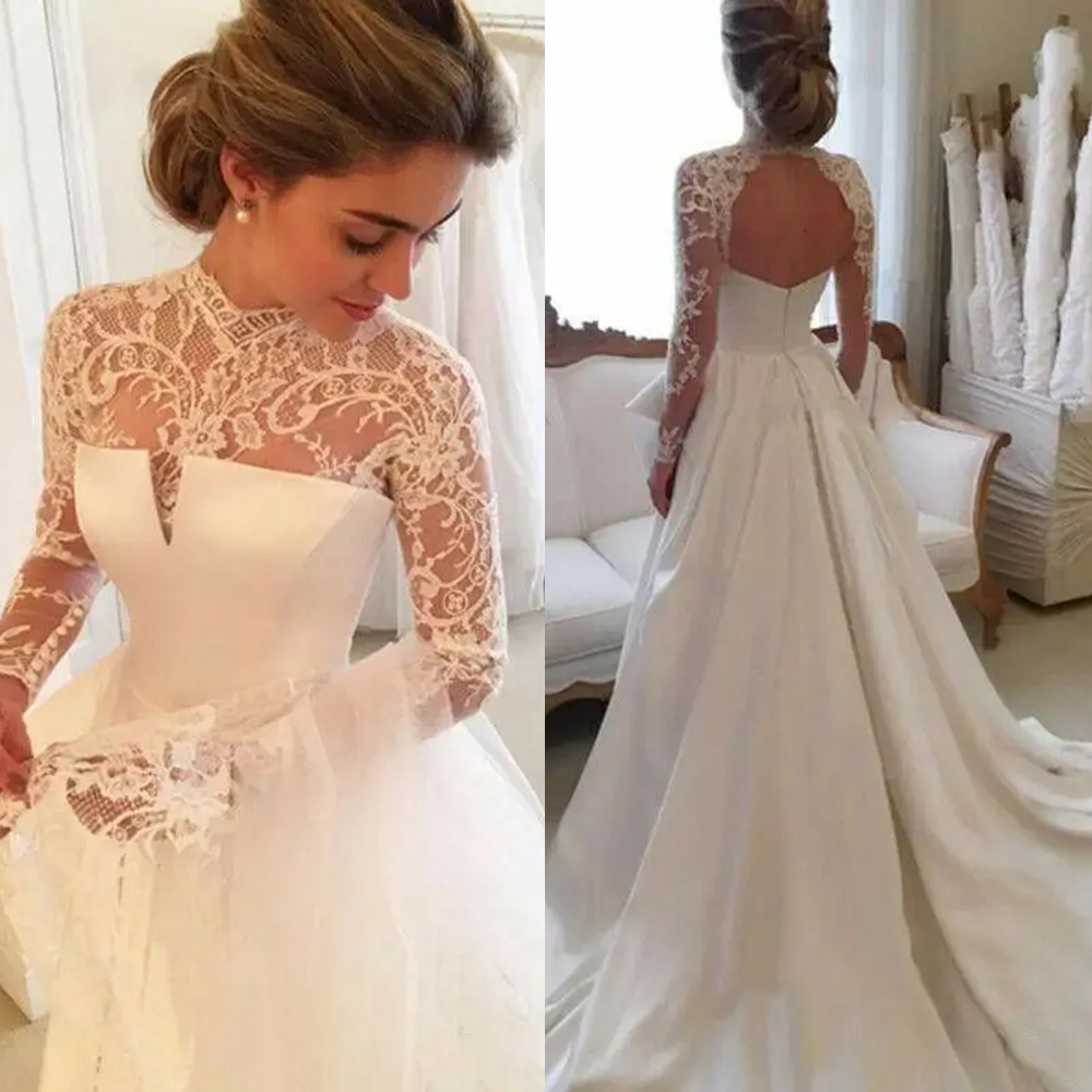 Long Sleeves Vintage Wedding Dresses 2025 Court Train Lace Satin Open Back A-Line Bride Gown Elegant Vestido De Novia