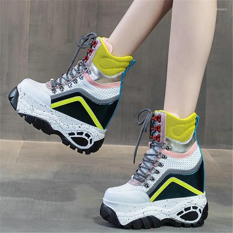 Boots High Top Fashion Sneakers Women Lace Up Genuine Leather Heel Ankle Female Shiny Glitter Round Toe Platform Pumps Shoe