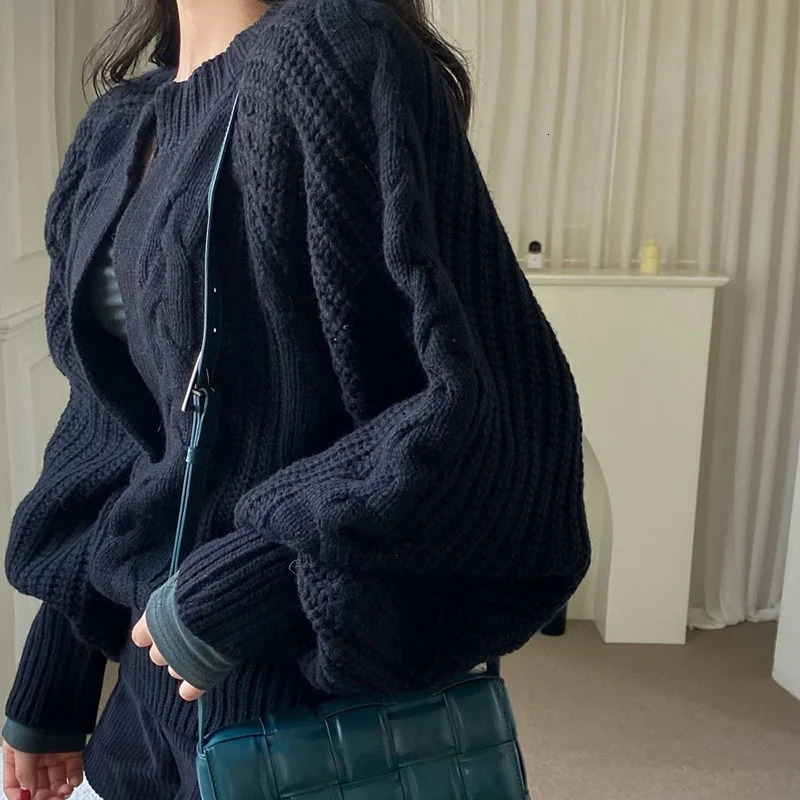 Rimocy Korean Fashion Deep V Neck Knit Sweater Women Twist Balloon Sleeve Sweaters Woman Solid Color Loose Chic Pullover Female 241021