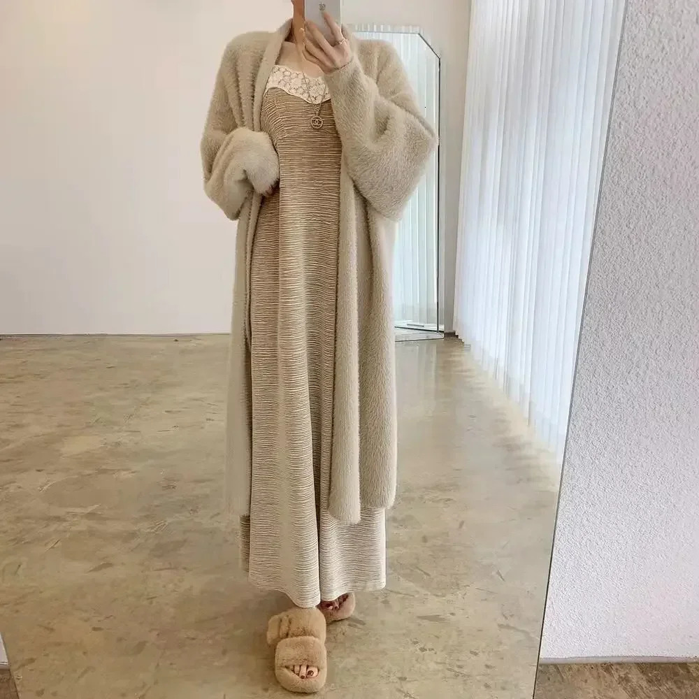 Womens autumn and winter long mink wool cardigan wool cardigan wool medium thick casual style knitted jacket 241022