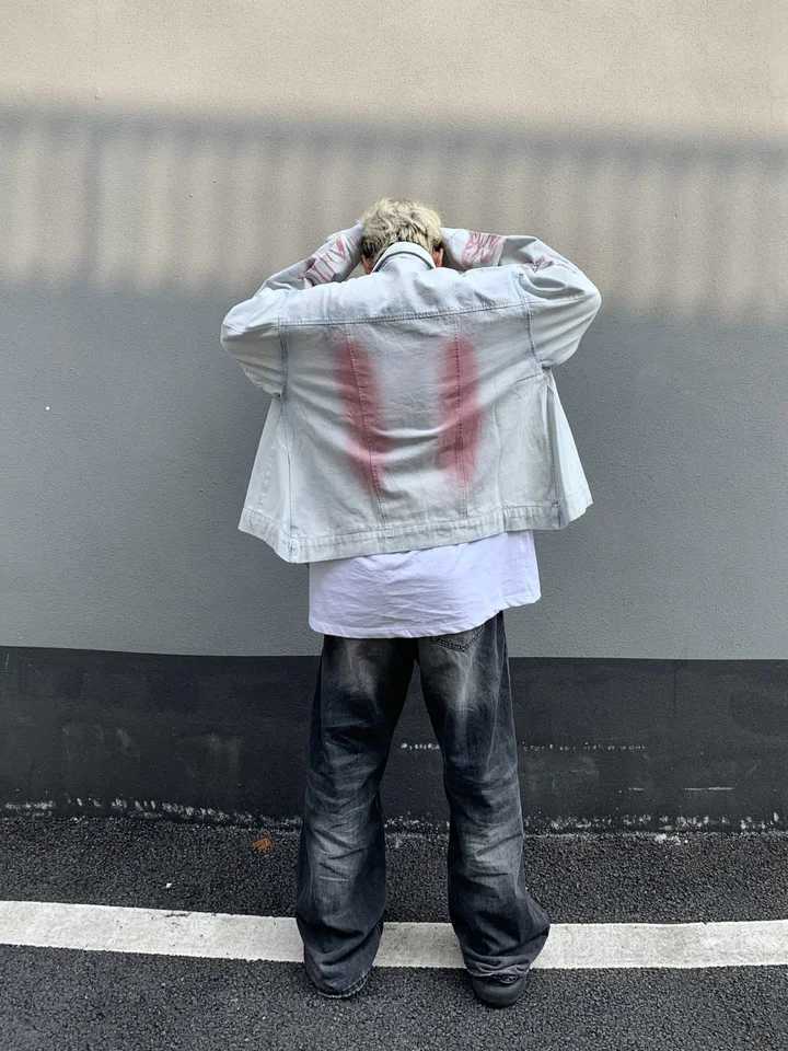 Y2K vintage denim jacket high stripes fashionable embroidered collar motorcycle jacket loose casual mens clothing X241023