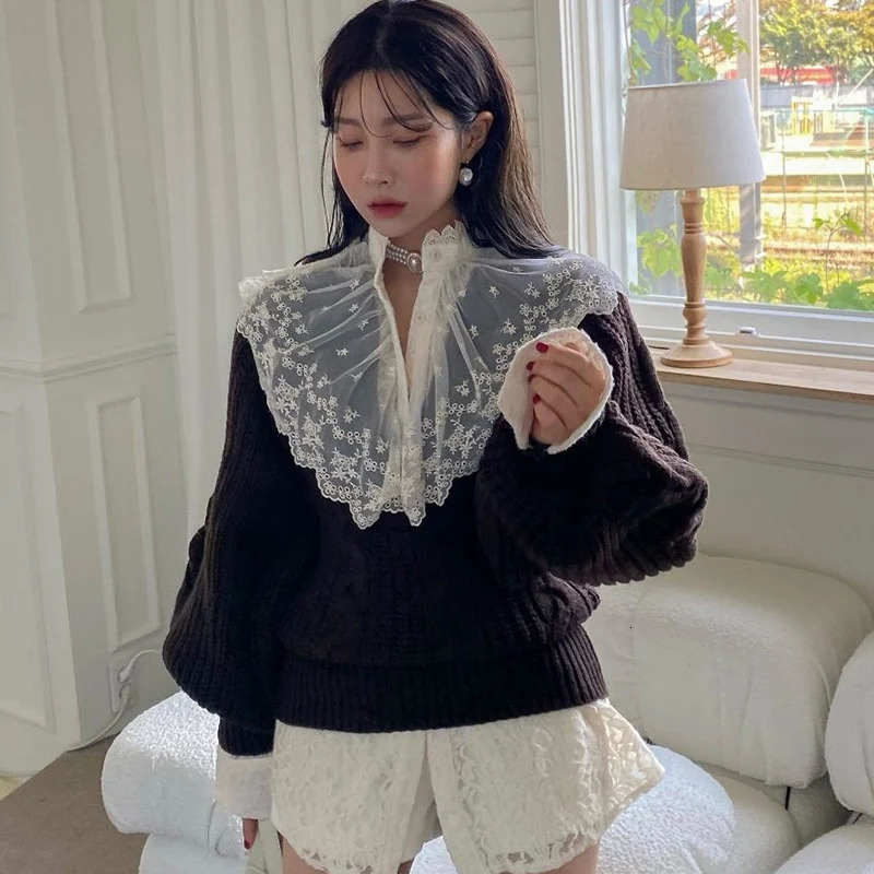 Rimocy Korean Fashion Deep V Neck Knit Sweater Women Twist Balloon Sleeve Sweaters Woman Solid Color Loose Chic Pullover Female 241021
