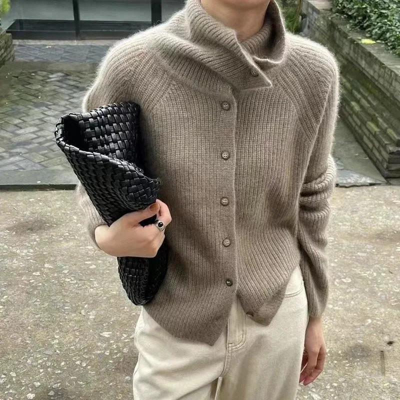 Turtleneck cardigan wool womens 100% pure wool sweater autumn and winter loose thick cashmere bottom sweater knitted jacket 241022