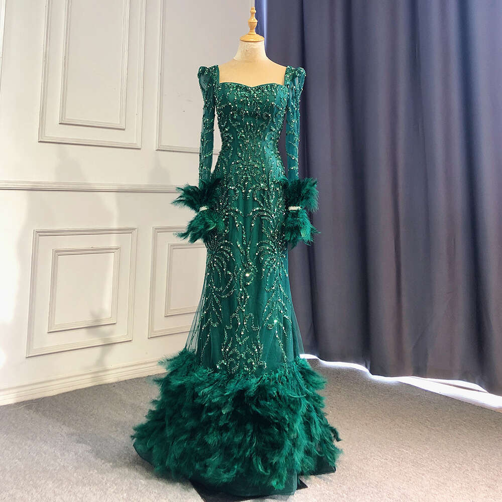Serene Hill Green Elegant Mermaid Evening Dresses Gowns 2024 Beaded Feather For Women Party LA71576