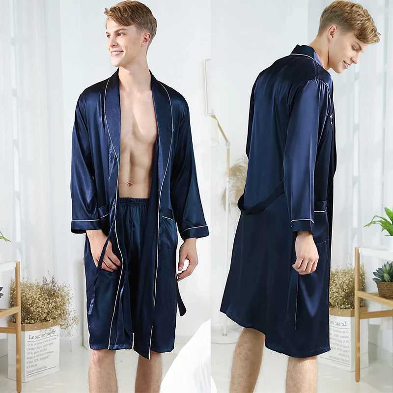 Short 2-piece evening gown mens satin home wear casual wear mens lapel home wear embroidered letter kimono set W241023