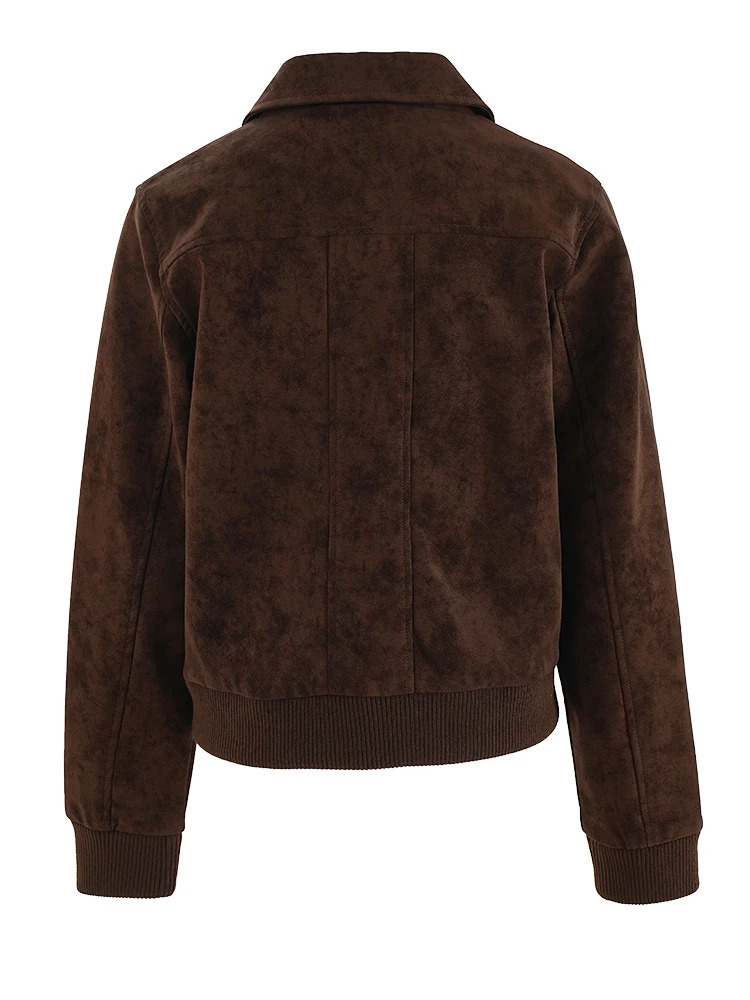 Brown suede plus size casual short jacket lapel long sleeved womens jacket fashionable trend for spring and summer CPG2239 241023