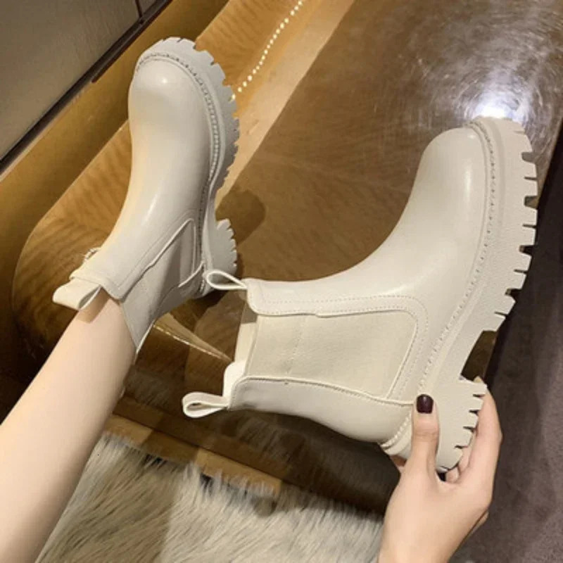 New Autumn Winter Chelsea Boots Womens Platform Brown Black Beige White Ankle Boots Womens Fur Short Fat Punk Gothic Shoes 241020