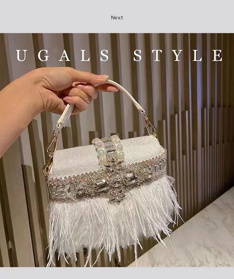 Ostrich Hair Velvet Bag Crystal Water Diamond Evening Bag Womens Handbag Wedding Party Clutch Wallet Cross Body Bag 241023