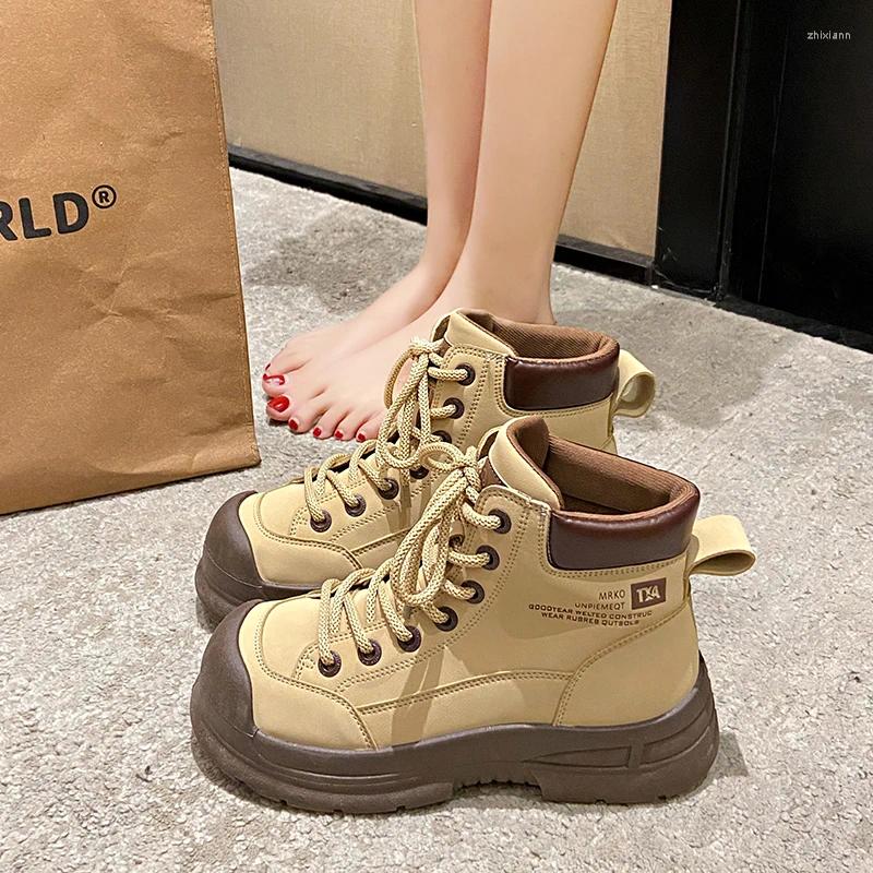 Boots Brand Women's Shoes Autumn Round Toe Lace Up Boots-Women Flat Heel Fashion Rubber Lolita Ladies 2024 Low Rock Ankle Lace-U