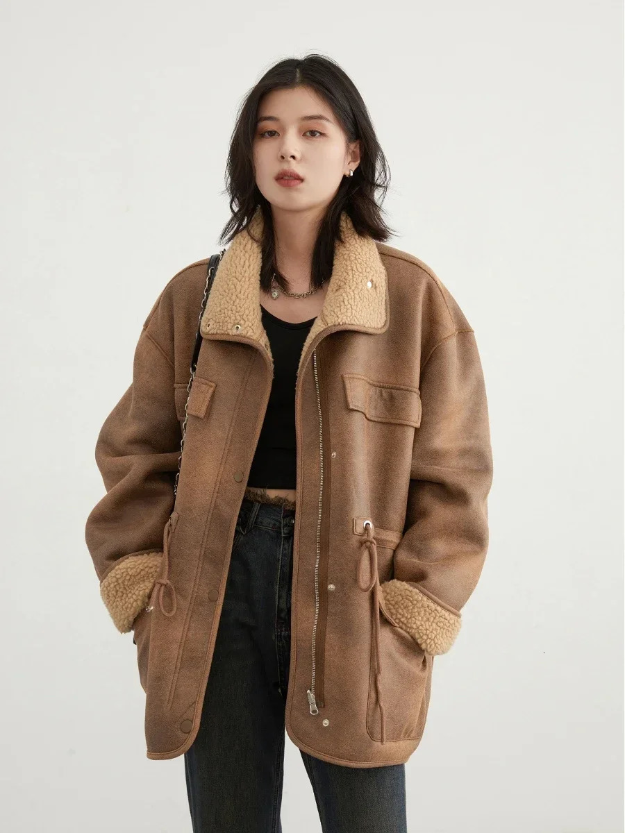CHIC VEN Womens Jacket Thick and Sturdy Suede Reversible Jacket Motorcycle Coat Loose Womens Coat Winter Autumn 241023