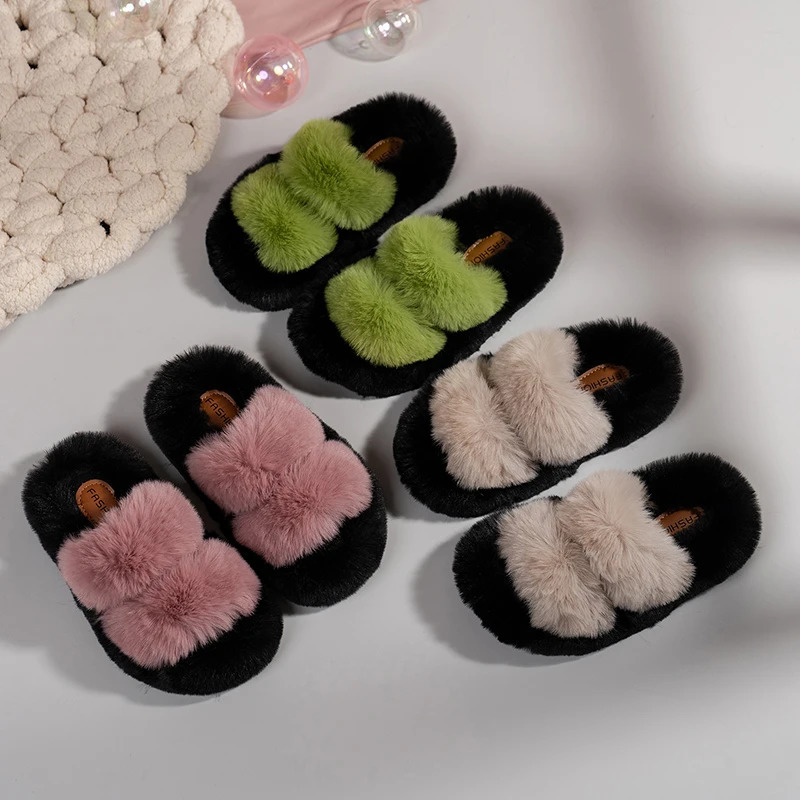 Girl slider fur open toe tricolor family outdoor childrens slider winter fashion slider casual fully matched childrens shoes 241022